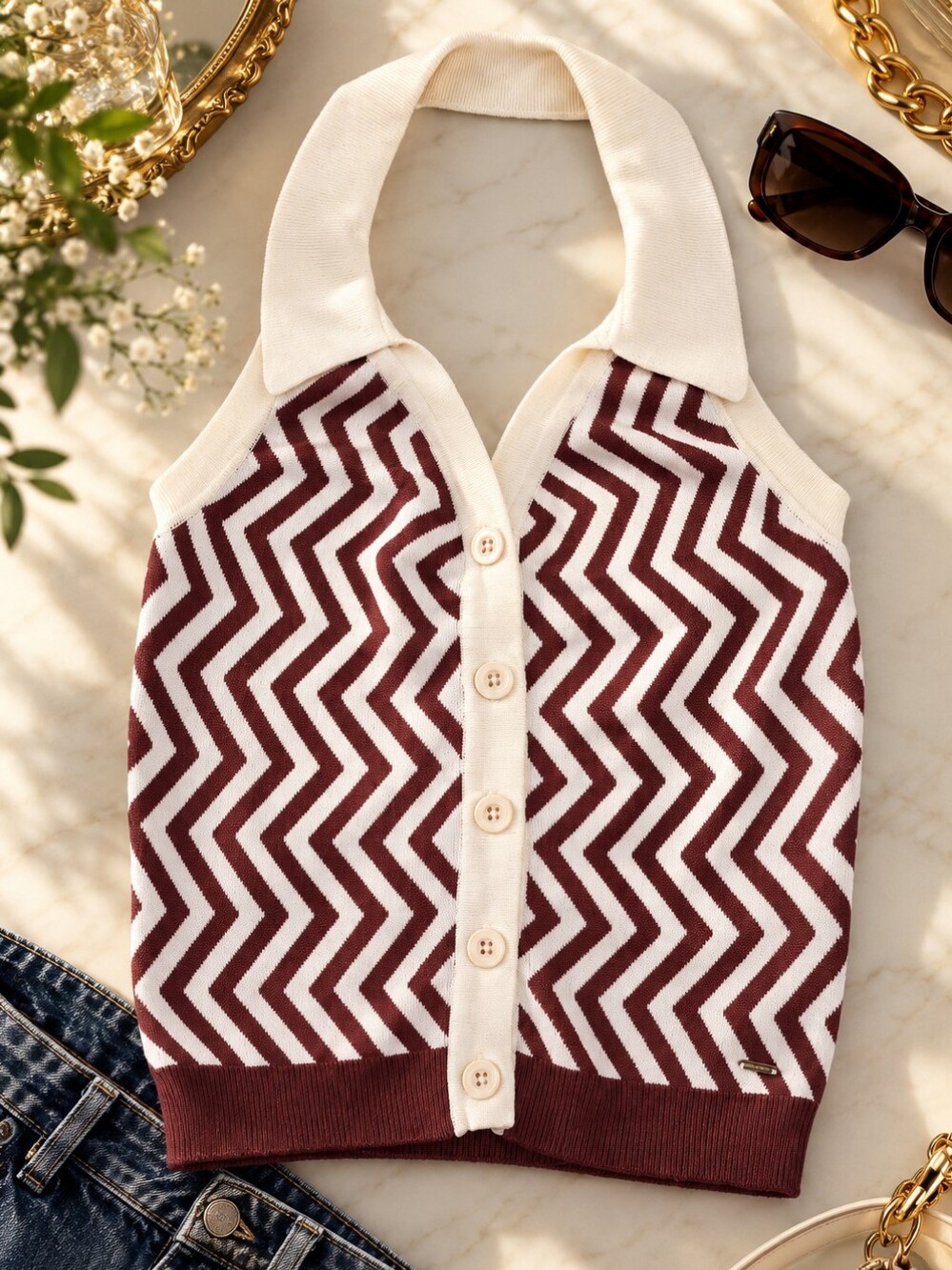 GUESS Los Angeles Y2K Chevron Knit Halter Top Button Front Small